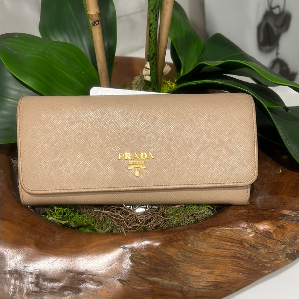 Prada Tan + pink Saffiano Leather Wallet